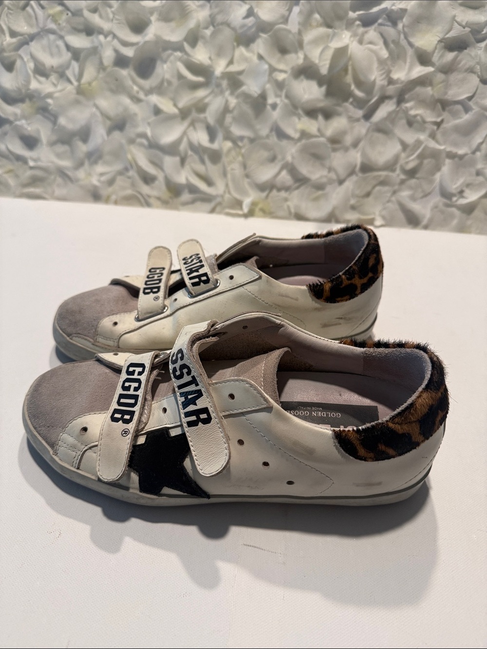 Golden Goose White Leather & Gray Suede Velcro Sneakers with Leopard Heel - Picture 2 of 6